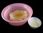 soak white fungus and bitter almond separately in water for about 30 minutes